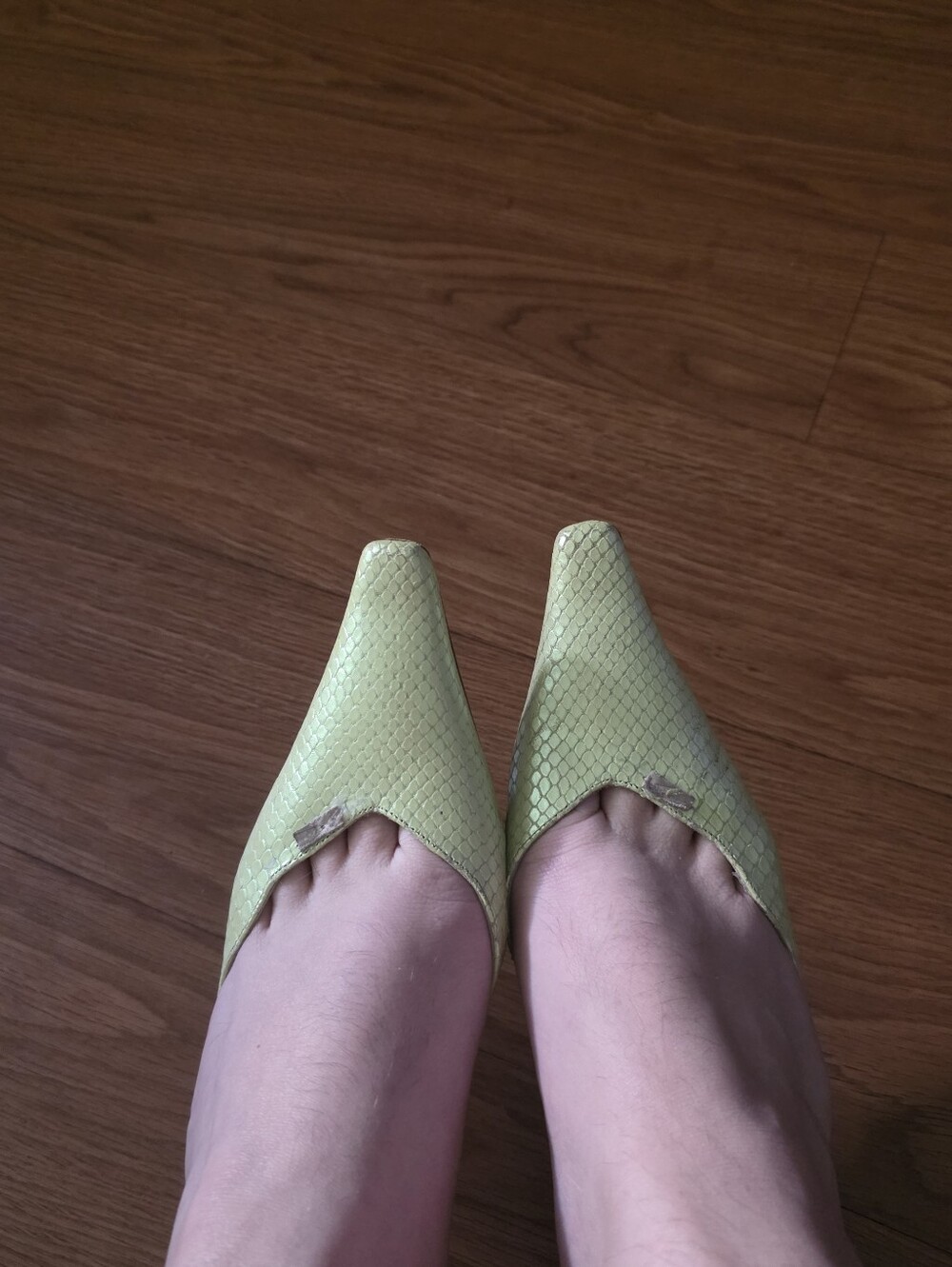 Shannon Britt Iridescent Lime Green Snake Textured Kitten Heels -Missing Flowers
